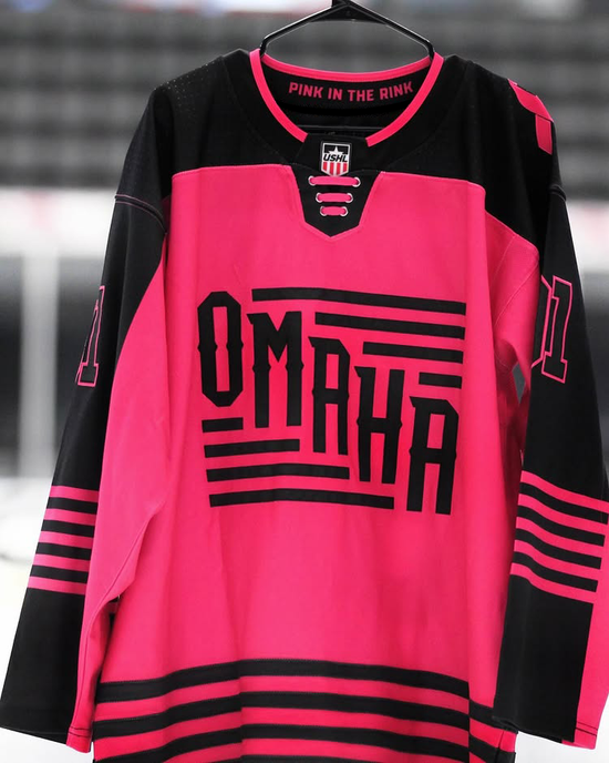 Pink embroidered Omaha Lancers hockey jersey by Hyperco Sports