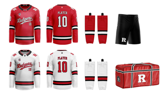Rutgers University hockey uniform package with customer jerseys and bags