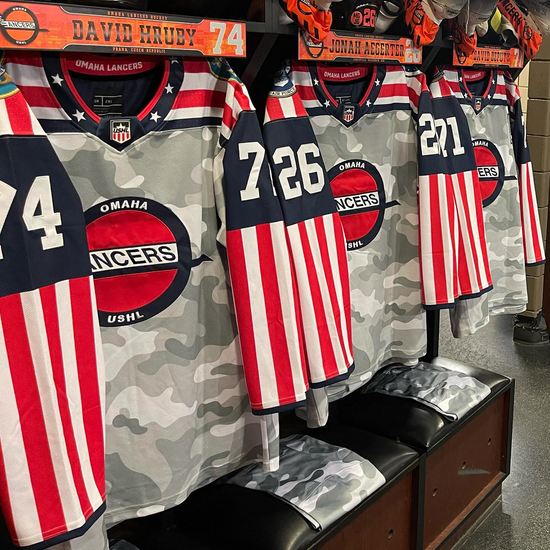 Embroidered hockey jerseys for the Omaha Lancers made by Hyperco Sports