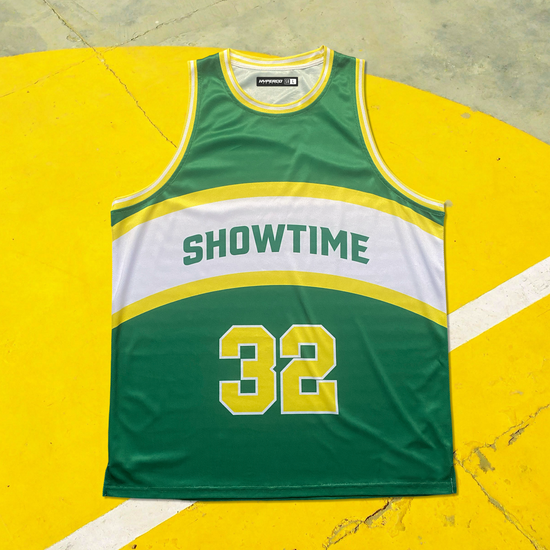 Green basketball jersey with 'Showtime' and number '32' on a yellow and gray background, by Hyperco Sports